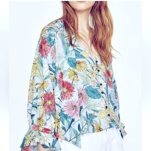 ZARA Basic Collection Green Floral Bow Blouse